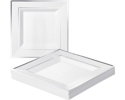 MATANA 20 Witte Vierkante Plastic Borden met Zilveren Rand (24cm), Feestbordjes voor Bruiloften, Verjaardagen, Dopen, Kerstmis & Feesten - Stevig en Herbruikbaar