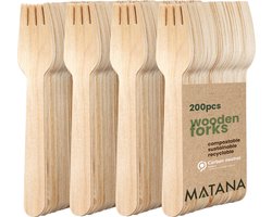 MATANA 200 Houten Wegwerp Vorkjes - Stevig, Composteerbaar, Ecologisch en Biologisch Afbreekbaar - Verjaardagen, Bruiloften, Picknick