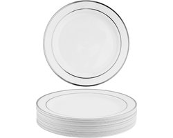 MATANA - 25 Kleine Witte Herbruikbare Plastic Borden met Zilveren Rand (19cm) - Dessert Feestbordjes voor Bruiloften, Verjaardagen, Dopen, Kerstmis & Feesten - Stevig en Herbruikbaar