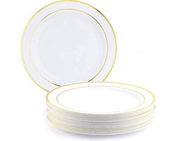Matana – 25 Plastic Dinerborden, 26cm – Met Gouden Rand – Wit – Vaatwasserbestendig & Herbruikbaar – Voor Bruiloften, Verjaardagen & Kerstmis