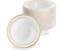 Matana – 25 Plastic Kommen, 360ml – Met Gouden Rand – Wit – Herbruikbaar & Stevig – Voor Bruiloften, Verjaardagen & Feesten