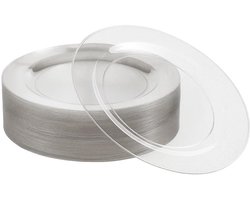 MATANA 25 Transparante dessertborden van hard plastic, kleine feestborden met zilveren glitter, 19 cm - Elegant, stevig en herbruikbaar - Bruiloften, verjaardagen, dopen, Kerstmis, barbecues, feesten
