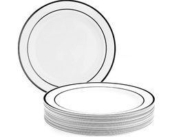 MATANA - 25 Witte Herbruikbare Plastic Borden met Zwarte Rand (26cm) - Stevige en Herbruikbare Borden voor Feestjes, Bruiloften, Verjaardagen, Kerstmis