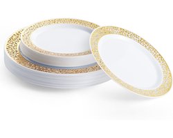 Matana – 40-delige Plastic Borden Set met Gouden Rand – 20 Dinerborden (26cm) & 20 Dessertborden (19cm) – Herbruikbaar & Stevig – Voor Bruiloften & Feesten