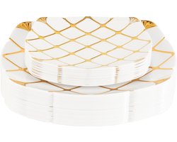 MATANA 40 Premium Vierkante Witte Plastic Borden met Gouden Patroon -2 Maten, 26cm & 18cm - Elegant & Herbruikbaar - Bruiloften, Verjaardagen, Kerstmis, Feesten