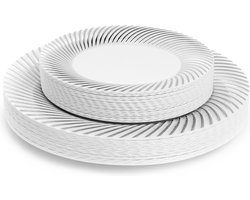 MATANA - 40 Set Premium Witte Herbruikbare Plastic Borden met Zilveren Rand - Inclusief 20 Diner Borden (26cm) & 20 Dessert Borden (19cm) - voor Bruiloften, Verjaardagen, Doopfeesten, Kerstmis en Feesten