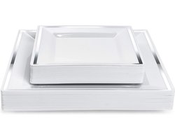 Matana – 40 Vierkante Plastic Borden met Zilveren Rand (2 Maten: 24cm & 16,5cm) – Wit – Herbruikbaar & Stevig – Voor Bruiloften & Feesten