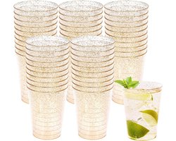 MATANA 50 Harde Plastic Feestbekers met Gouden Glitter voor Verjaardagen, Bruiloften, Doopfeesten, Kerstmis (280 ml) - Elegant, Stevig en Herbruikbaar