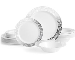 MATANA - 75 Set Herbruikbare Plastic Borden en Schalen met Zilveren Kanten Rand - 25 Dinerborden (25cm), 25 Dessertborden (18cm), 25 Kommen (360ml)