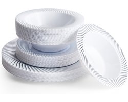 Matana – 96-delige Plastic Borden & Schalen Set met Zilveren Rand – 32 Dinerborden (25cm), 32 Dessertborden (18cm), 32 Kommen (360ml) – Herbruikbaar