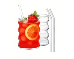 Matcha - Luxe Handgeblazen Drinkglazen Set - Gegolfd Cirkelvormig - Matcha Glazen - Gemaakt van Hoogborosilicaatglas voor Warme en Koude Dranken zoals Cocktails, Koffie, Sap, Frisdrank en Matcha - 2 x 350ml met Herbruikbare Rietjes