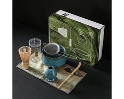 Matcha - Matcha thee set met Matcha Poeder– 8 delig - Matcha Klopper - Keramiek – Matcha Kom – Matcha set - Azuurblauw