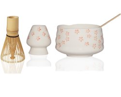 Matcha Set - Bamboe Klopper, Handgemaakte Kom, Lepel & Klopperhouder - 4-delig - Japans Theeritueel - Cadeau - Wit - Bloem detail - Luxe Matcha Set