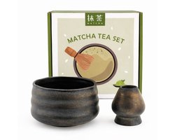 Matcha set in giftbox terra 2-delig – zwart/goud – keramische matcha kom met schenktuit & houder voor bamboe klopper – Japans matcha ritueel – stijlvol thee cadeau
