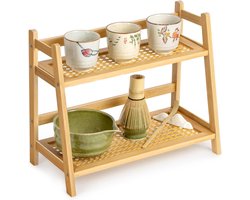 Matcha station organizer - rotan-look - bamboe thee- en koffiestation - 2-laags organizer - mokkenhouder en displaystandaard - opbergcaddy voor keuken, huis en kantoor