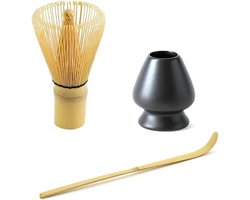 Matcha thee set compleet - Matcha Klopper - Matcha bamboe maatschep - Matcha Chasen Houder Black Edition - Mat Zwart - Japanse Theeceremonie - Bamboe Matcha Whisk - Set van 3