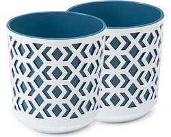 Matte bloempotten - decoratieve plantenpot voor bloemen en kruiden - duurzame en lichte ronde kunststof plantenpotten voor woon- & eetkamer, keuken, terras of balkon - set van 2 - (wit/blauw,