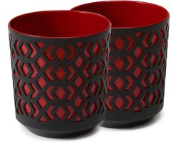 Matte bloempotten, decoratieve plantenpot voor bloemen en kruiden, duurzame en lichte ronde kunststof plantenpotten voor woon- en eetkamer, keuken, terras, balkon, set van 2 stuks, zwart/rood,