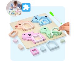 Mauzek® Vormenpuzzel Dieren - 4 in 1 - Houten Puzzel - Montessori Speelgoed - Sorteerspel - Sorteer Speelgoed - Sensorisch Speelgoed - Houten Speelgoed - Educatief Speelgoed - Peuter Speelgoed - Jongens - Meisjes - 3 jaar - 4 jaar - 5 jaar - 6 jaar