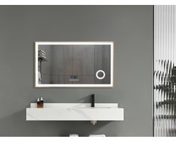 Mawialux LED Badkamerspiegel - 100cm - Rechthoek - Mat goud rand - Make up vergroting spiegel - Verwarming - Digitale klok - Bluetooth - Joshua