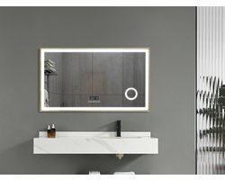 Mawialux LED Badkamerspiegel - 120cm - Rechthoek - Mat goud rand - Make up vergroting spiegel - Verwarming - Digitale klok - Bluetooth - Joshua