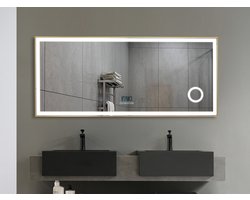 Mawialux LED Badkamerspiegel - 160cm - Rechthoek - Mat goud rand - Make up vergroting spiegel - Verwarming - Digitale klok - Bluetooth - Joshua