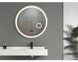 Mawialux LED Badkamerspiegel - 80cm - Rond - Mat goud rand - Make up vergroting spiegel - Verwarming - Digitale klok - Bluetooth - Josh