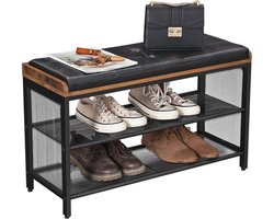 Maxenza Home LBS75X Schoenenbank met Zitje - Industrieel Schoenenrek Zwart - Hout en Metaal - Multifunctioneel Schoenenrekje
