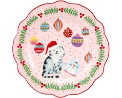 Maxwell & Williams Jolly Joy Joy Kerstbord Kat Diameter: 20cm Roze Porselein Ontbijtbord Kerst Vaatwasserbestendig