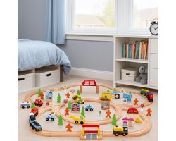 Maxx Kidz Houten Treinset 100 delig - Treinbaan voor Kinderen vanaf 3 Jaar - Compleet met 2 Treinen en Accessoires - Houten Treinbaan Speelgoed voor Jongens en Meisjes - 450cm Lange Baan