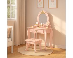 Maxx Kidz Kaptafel Kind met Spiegel - Roze Houten Kinder Make Up Tafel met Krukje - Schminktafel voor Kinderen - Meisjes Speelgoed vanaf 3 jaar