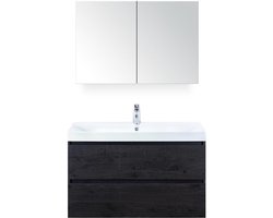 Maxx XL Badmeubelset 100 cm - Black Oak - Wastafel Just 1 Kraangat met Spiegelkast