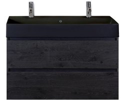 Maxx XL Badmeubelset 100 cm - Black Oak - Wastafel Kube Zwart 2 Kraangaten