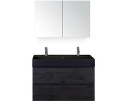 Maxx XL Badmeubelset 100 cm - Black Oak - Wastafel Kube Zwart 2 Kraangaten met Spiegelkast