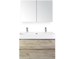 Maxx XL Badmeubelset 100 cm - Craft Oak - Wastafel Kube 2 Kraangaten met Spiegelkast