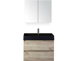 Maxx XL Badmeubelset 80 cm - Craft Oak - Wastafel Kube Zwart 1 Kraangat met Spiegelkast
