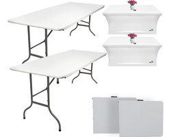 MaxxGarden Klaptafel – 2 vouwtafels Inklapbaar – 2 Witte Inklapbare Tafels - Plooitafel 180 cm – Incl. 2x witte stretcher