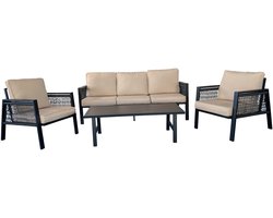 MaxxGarden Tuinmeubelset - Bank + Fauteuil + Tafel - 5-persoons Tuinset - Loungeset - Weerbestendige Tuinlounge - Zwart/Beige