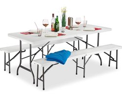 MaxxGarden tuinset picknick Biertafel met banken - Vouwbare tuintafel + 2 vouwbare zitbanken - wit
