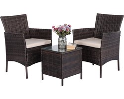 MaxxGarden Tuinset - Set van 2 tuinstoelen - Wicker 3 delig - rattan met kussens - Bruin