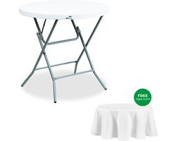 MaxxGarden Vouwtafel - Opvouwbare ronde tuin tafel - Klaptafel - Plooitafel - Inklapbare tafel - 60x74 cm - Wit - Incl. Tafelkleed