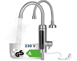 MAXXMEE Elektrische roestvrijstalen kraan met geïntegreerde doorstroomboiler | Kraan met verwarmingsspiraal en LED-temperatuurweergave | 2 verwisselbare kranen | Warm water van meer dan 60 °C zonder voorverwarming [Energieklasse A]