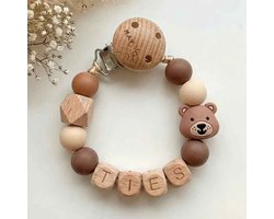 May Mays | Speenkoord met Naam | Beer Bruin Wit | Gepersonaliseerde Speenketting Baby | Kraamcadeau Pasgeborene | Babyshower Cadeau | Newborn Gift | Houten letterkralen