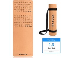 MAYOGA® Yogamat van kurk inclusief extra draagriem, met rek- en yoga-oefeningen, testwinnaar 01/2022 met de noot 1,3, de perfecte kurk-yogamat met 6 mm dikte, 183 x 61 x 0,6 cm