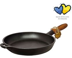 MAYSTERNYA Gietijzeren Koekenpan - ø 26 x 4 cm - Geschikt Voor Inductie - Houten Handvat - Pannen - BBQ Pannen - Pannenset - BBQ Accessoires - Barbecue - Keuken Cadeau - Cadeau - Cadeaupakket Geschenk - Steelpan - Zwart