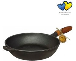 MAYSTERNYA Gietijzeren Koekenpan - ø 28 x 6 cm - Geschikt Voor Inductie - Houten Handvat - Pannen - BBQ - Pannenset - Barbecue - Keuken Cadeau - Cadeaupakket Geschenk - Steelpan - Cadeau - Zwart