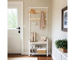 MAZAZU Kapstok met Schoenenrek en Zitbank - Staande Kapstok - Industrieel - Creme - 72x33,7x183 cm