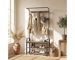 MAZAZU Kapstok met Schoenenrek - Staande Kapstok met Bankje - Industrieel - 84x33,7x183 cm