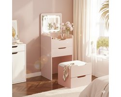 MAZAZU - Kaptafel - LED Spiegel - Krukje – Compacte Make-up Tafel – Roze – 120x48x40 cm