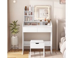 MAZAZU - Kaptafel met LED Spiegel - Dimbaar Licht - Make-up Tafel - Wit - 132 x 80 x 40 cm